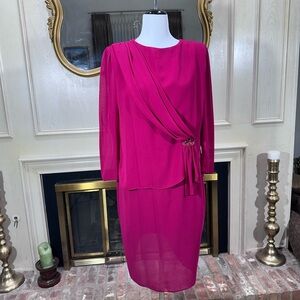 Ursula of Switzerland Magenta‎ Draped Chiffon Dress Beaded Waist Detail Size 16